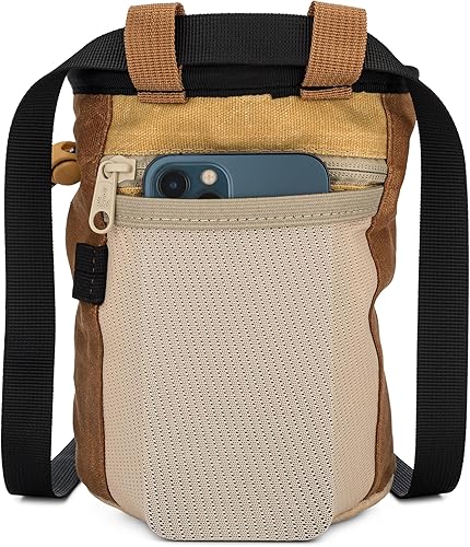 Vista 3 de Bolsa de tiza de lona encerada - Bolsillo con cremallera y bolsa de malla para bouldering, escalada en roca, gimnasio, levantamiento de pesas