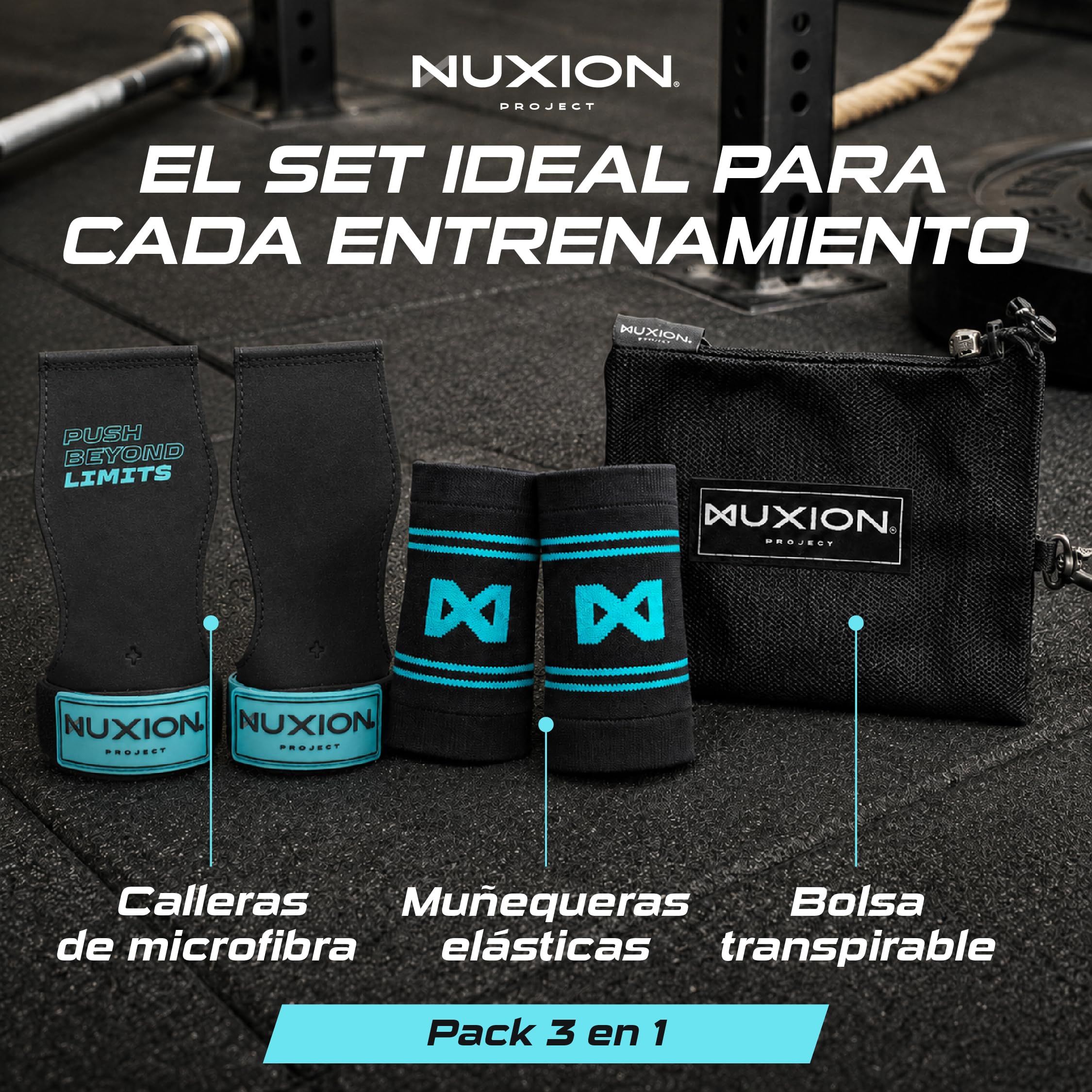 NUXION | Guanti per Crossfit in microfibra | con e senza magnesio | Impugnatura su barre, anelli e kettlebell | Set con polsiere in regalo | Taglie G e G+ | Polsiere in tessuto in regalo