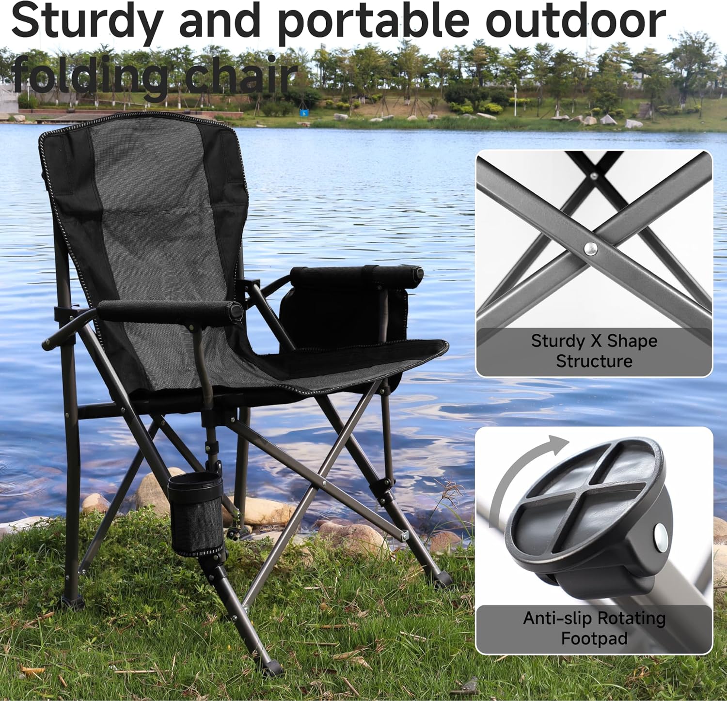 Folding Camping Chair with Cup Holder and Storage Bag, Heavy Duty Support 400 LBS, Oversized Collapsible Portable Camping Chair for Outdoor Camp, Picnic, Travel, Fishing Grey - Image 6