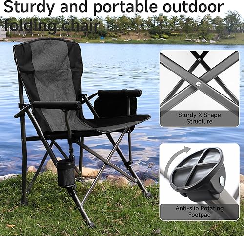 Miniatura 8 de Silla de camping plegable con portavasos y bolsa de almacenamiento, soporte resistente de 400 libras, silla de campamento portátil plegable de gran