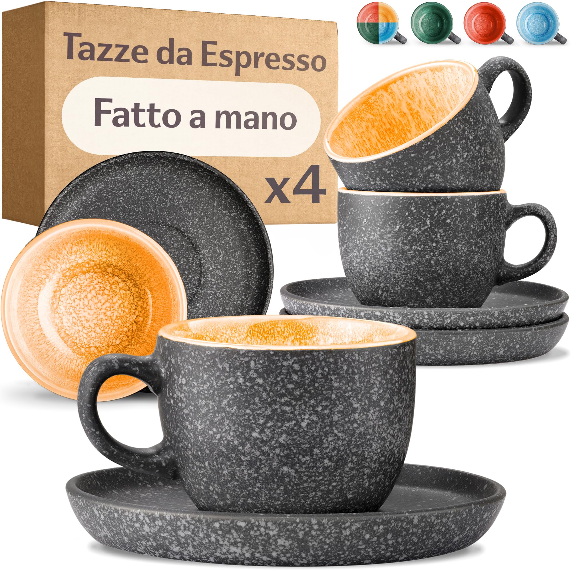 Set 4 Tazze Da Caffè In Ceramica 300 Ml - Arancione, Beige, Crema E Grigio, Lavabili In Lavastoviglie E Microonde