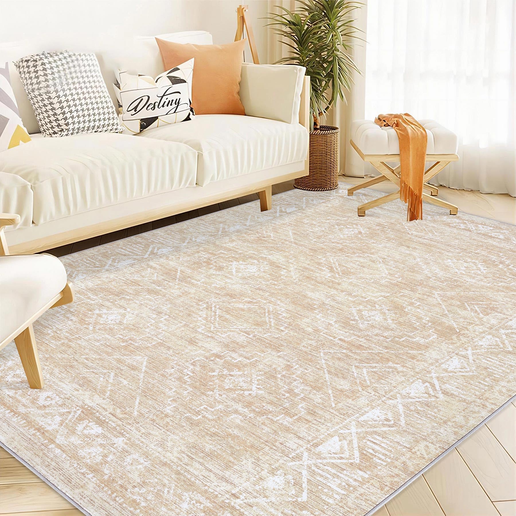 Moroccan Large Area Rug 5x7 - Soft Machine Washable Geometric Boho Distressed Farmhouse Rug Morden Stain Resistant Indoor Floor Carpet for Bedroom Dining Table Nursery Home Office (5 x 7, Beige)