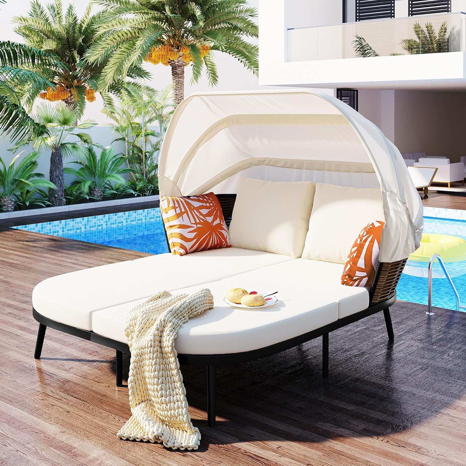 74.8" L Patio Daybed with Throw Pillows and Cushions, Outdoor Rattan PE Wicker Back Loveseat Sofa Set with Retractable Canopy for Backyard, Poolside, Garden (Beige)