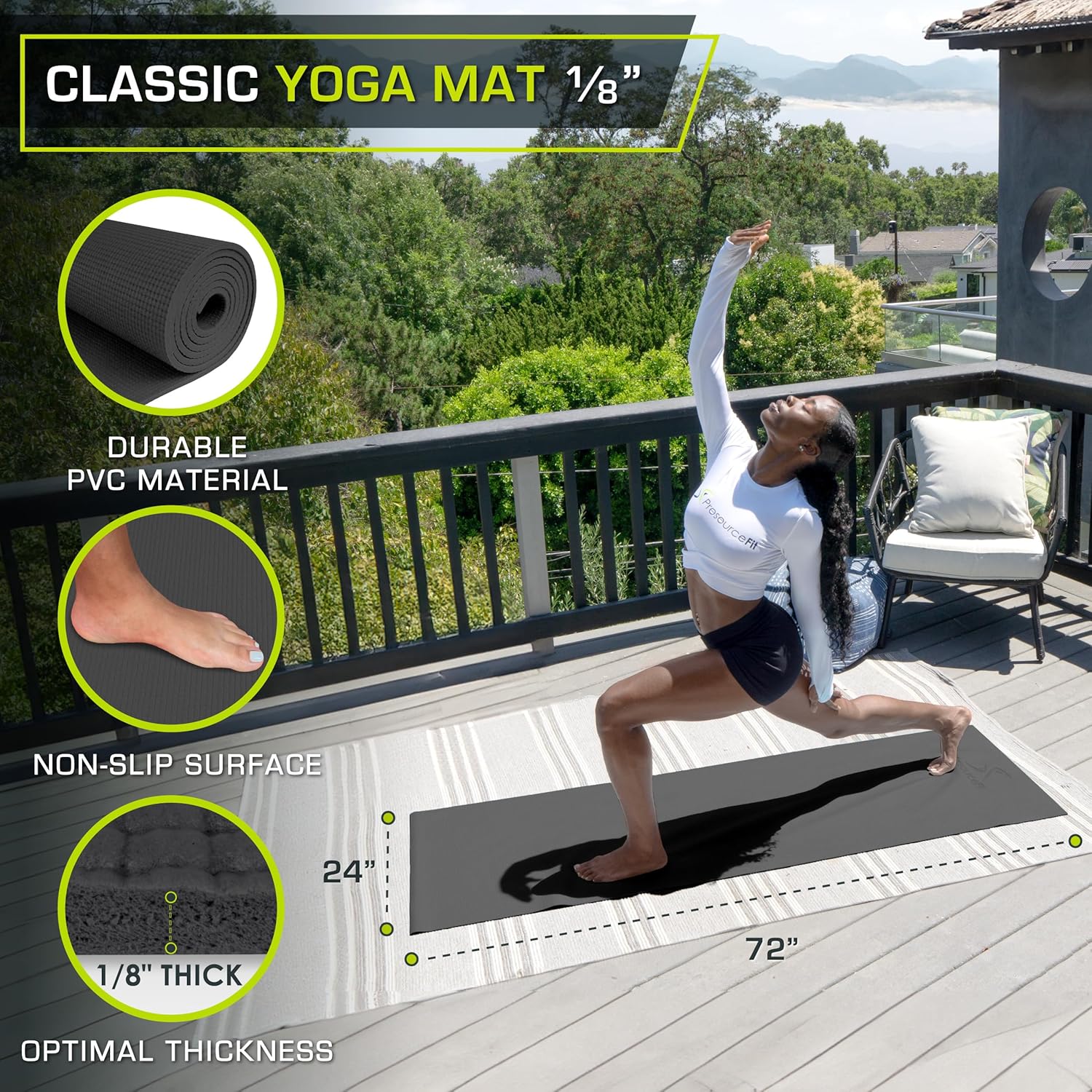prosourcefit classic yoga mat 1/8” (3mm) thick, extra long 72-inch lightweight fitness mat with non-slip grip for yoga, pilates, exercise black