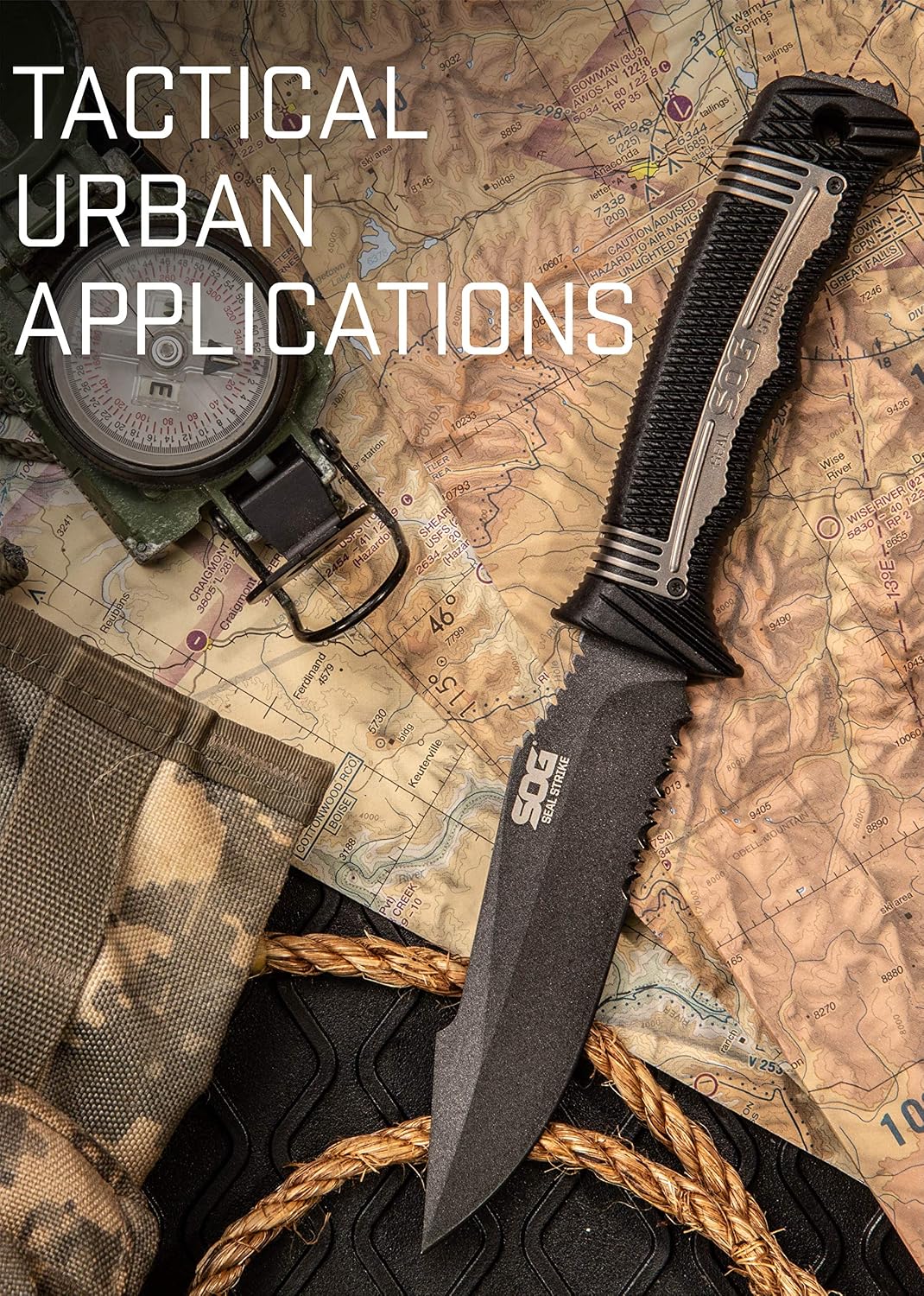 SOG Seal Strike Fixed Blade Knife with Sheath- Tactical and Hunting Knife w/ 4.9 Inch Partially Serrated Bowie Knife Blade and Line Cutter (SS1001-CP)