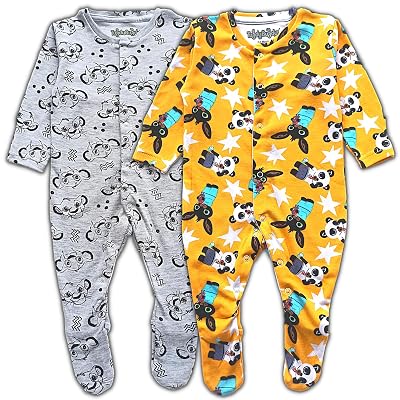 TuddyBuddy 100% Cotton Multi Color Rompers/Sleepsuits for Baby Girl (Pack of 2 Footed Rompers - Grey AOP & Panda, 0-3 Mo