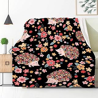 Cute Hedgehog Throw Blanket, Cute Flower Foral Christmas Blanket Gift, Ultral Soft Cozy Warm Flannel Fleece Blanket for Animal Lover Suit for Sofa, Couch, Bed, Travel 60