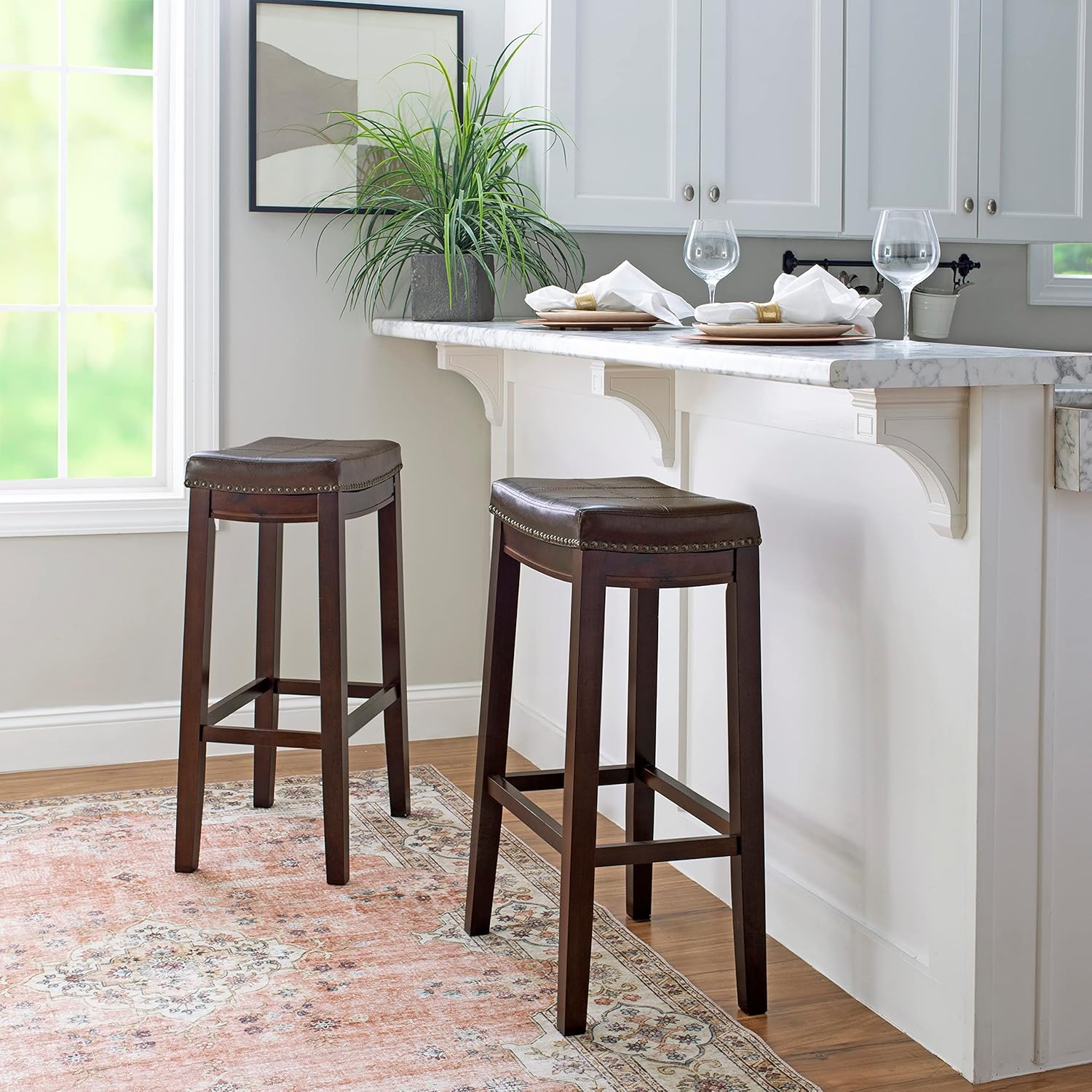 Linon Kingston Brown Wooden Backless 32 Inch Seat Height Barstool with Brown Faux Leather Upholstered Seat and Nailheads, Set of 2