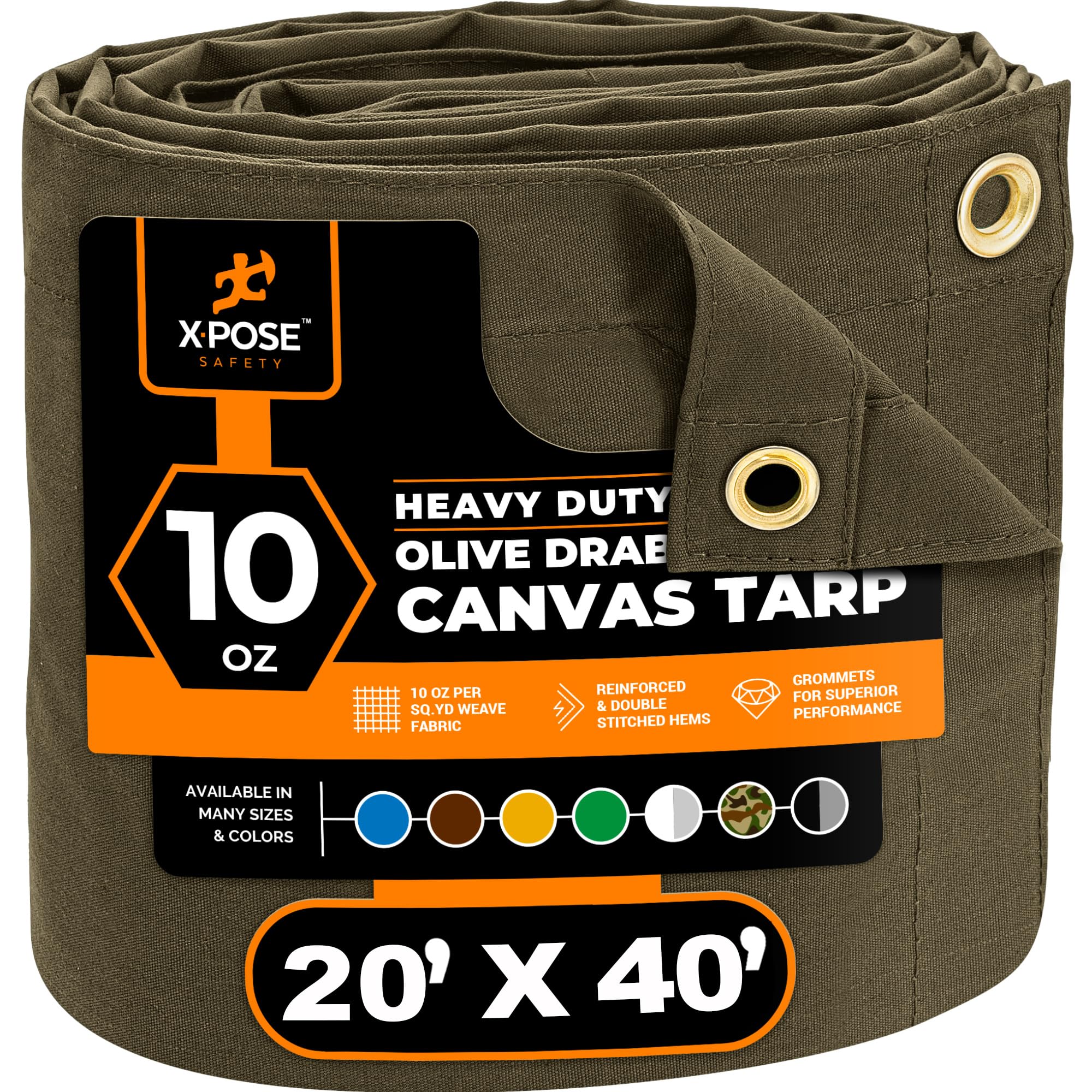 Xpose SafetyCanvas Tarp - 10oz Olive Drab Canvas Tarps Heavy Duty Water Resistant with Brass Grommets- Multipurpose Outdoor Tarpaulin for Camping, Canopy, Trailer, Equipment Cover 20' x 40'