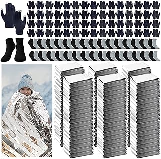 180 Pcs Homeless Care Package Supplies Bulk Winter Emergency Thermal Blankets Warm Socks Touchscreen Gloves Space Blanket Survival for Cold Weather Outdoor for Men Women(Classic Colors)