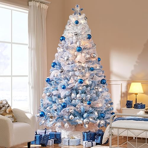 Vista 131 de Yaheetech - Árbol artificial de Navidad con luces incandescentes de color blanco cálido, con flecos nevados, 2084 ramas, 900 luces y soporte Verde