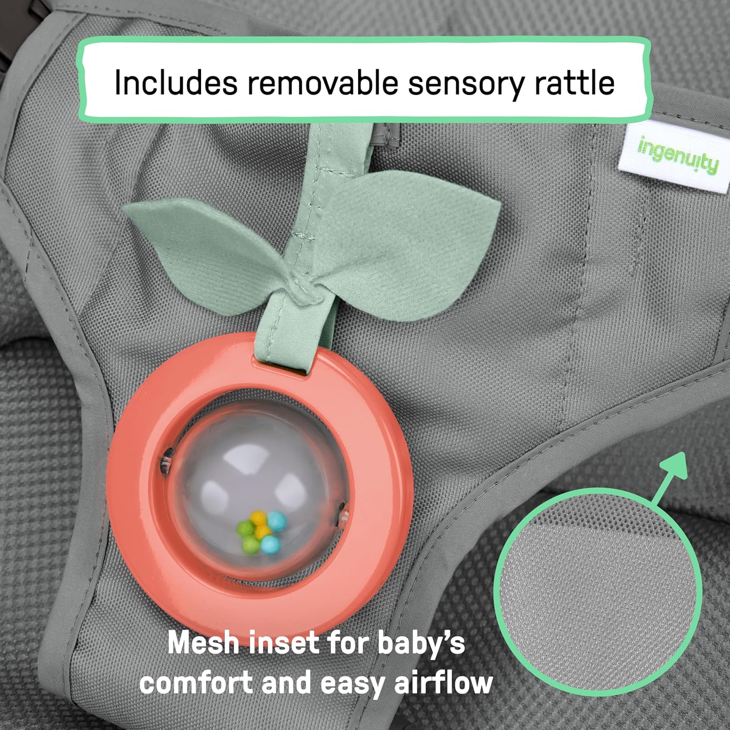 Ingenuity Stow & Go Compact Folding Baby Bouncer, Lightweight Portable Seat with Vibration & Toy, Grey, Under 5 lbs
