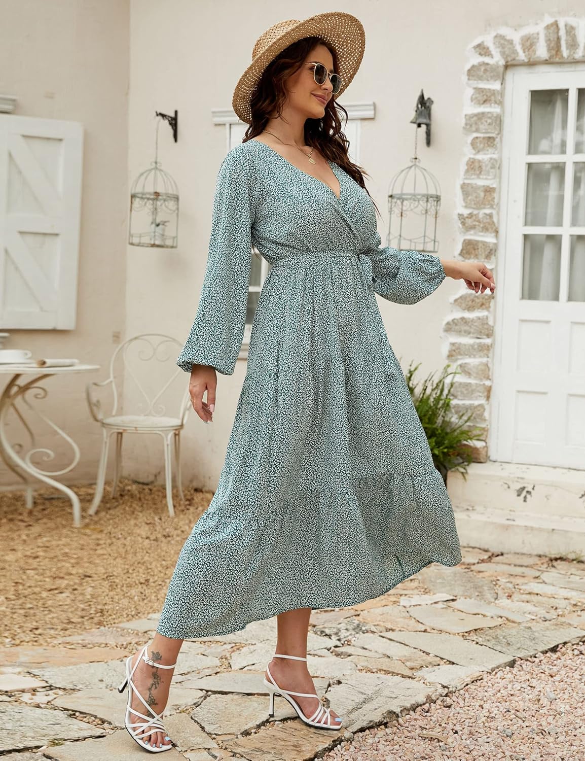 KOJOOIN Women Plus Size V Neck Maxi Dress Wrap Long Sleeves High Waist Ruffle Casual Dress with Belt