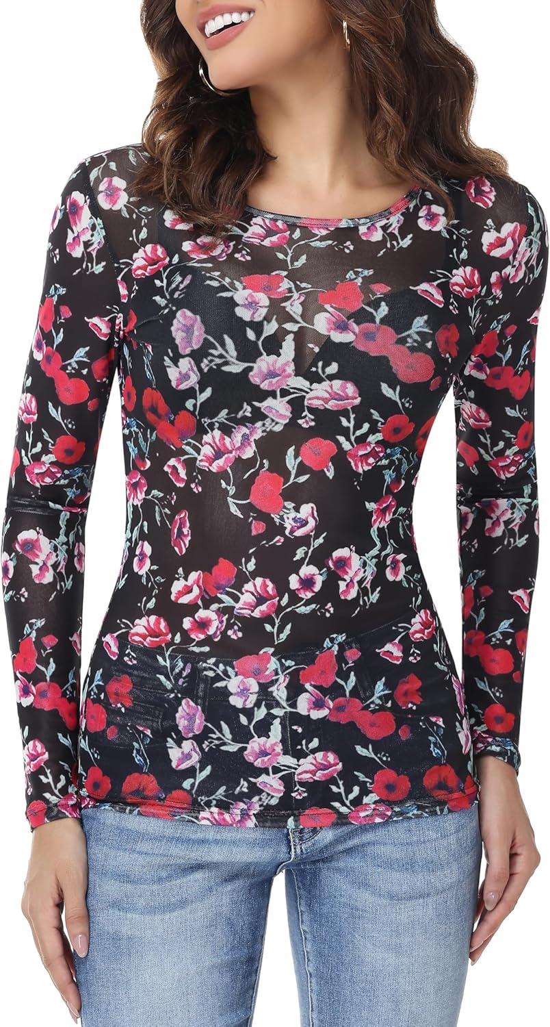 Womens Mesh Tops Lace Long Sleeve Shirts Crew Neck Sexy Fitted See Through Patry Blouse