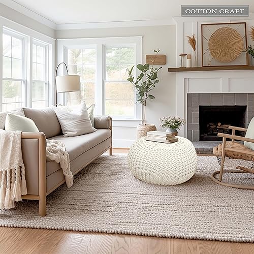 Miniatura 6 de COTTON CRAFT Round Dori Pouf - Cotton Braid Cord Cable Knitted Ottoman - Foot Stool Footrest Floor Pouf Accent Furniture Bean Bag - Living Room Dorm