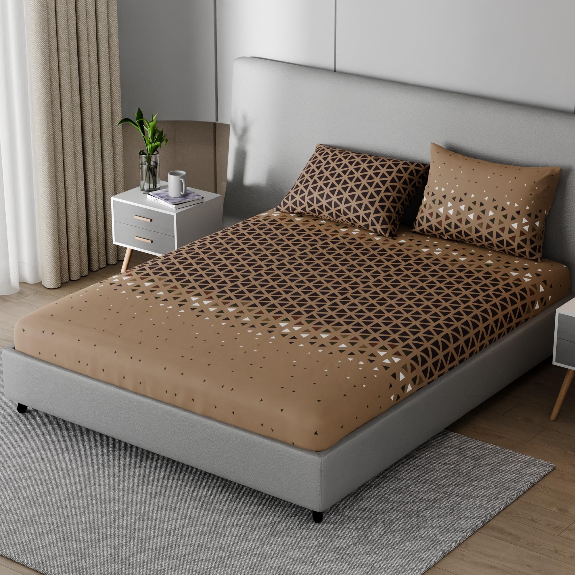 BLISSHOME SoftTouch 150TC Cotton King Size Fitted Bedsheet with 2 Pillow Covers, Silky Smooth Bedding Set, Breathable, Easy Maintain, Geometric Pattern - Mocha Brown (183cm x 198cm + 25cm Drop)