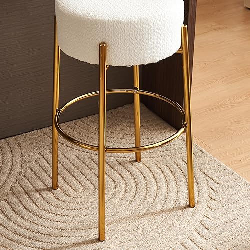 Miniatura 8 de Juego de 2 taburetes de bar redondos tapizados de tela de peluche, sillas de bar de comedor, taburetes de bar con patas de metal dorado y reposapiés