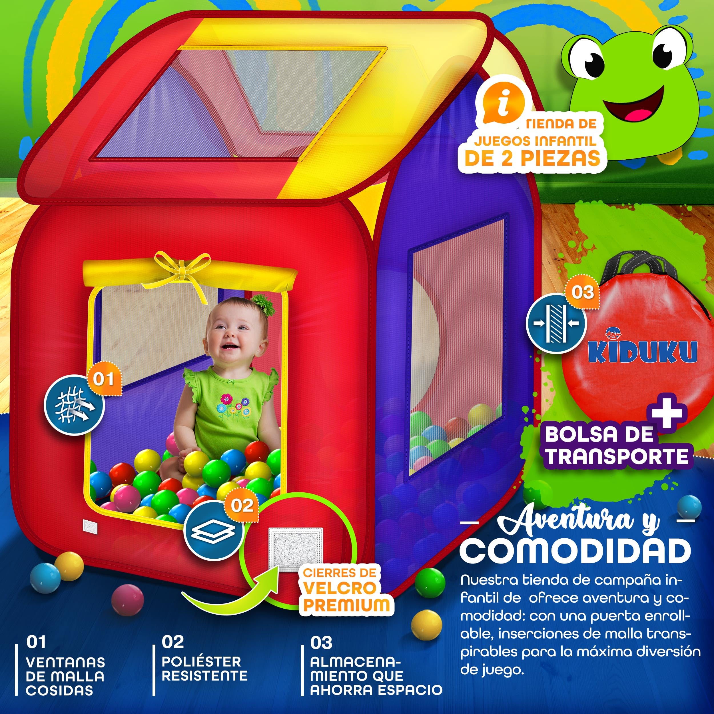 KIDUKU® Tienda de campaña Infantil Piscina de Bolas Tienda de Tela para niños Pop up + 200 Bolas + Bolsa para Interior y Exterior