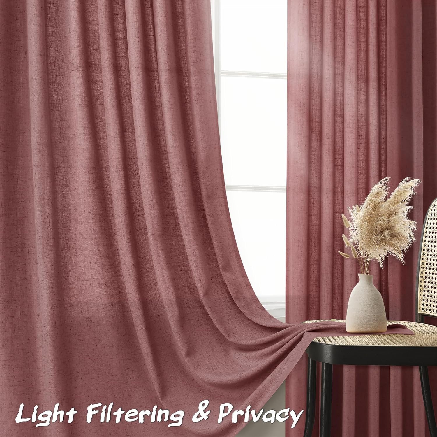 Joywell Canyon Rose Linen Curtains 84 Inches Length Light Filtering Neutral Farmhouse Boho Rod Pocket Back Tab Hook Belt Clip Rings Semi Sheer Window Drapes for Bedroom Living Room 2 Panels 52x84