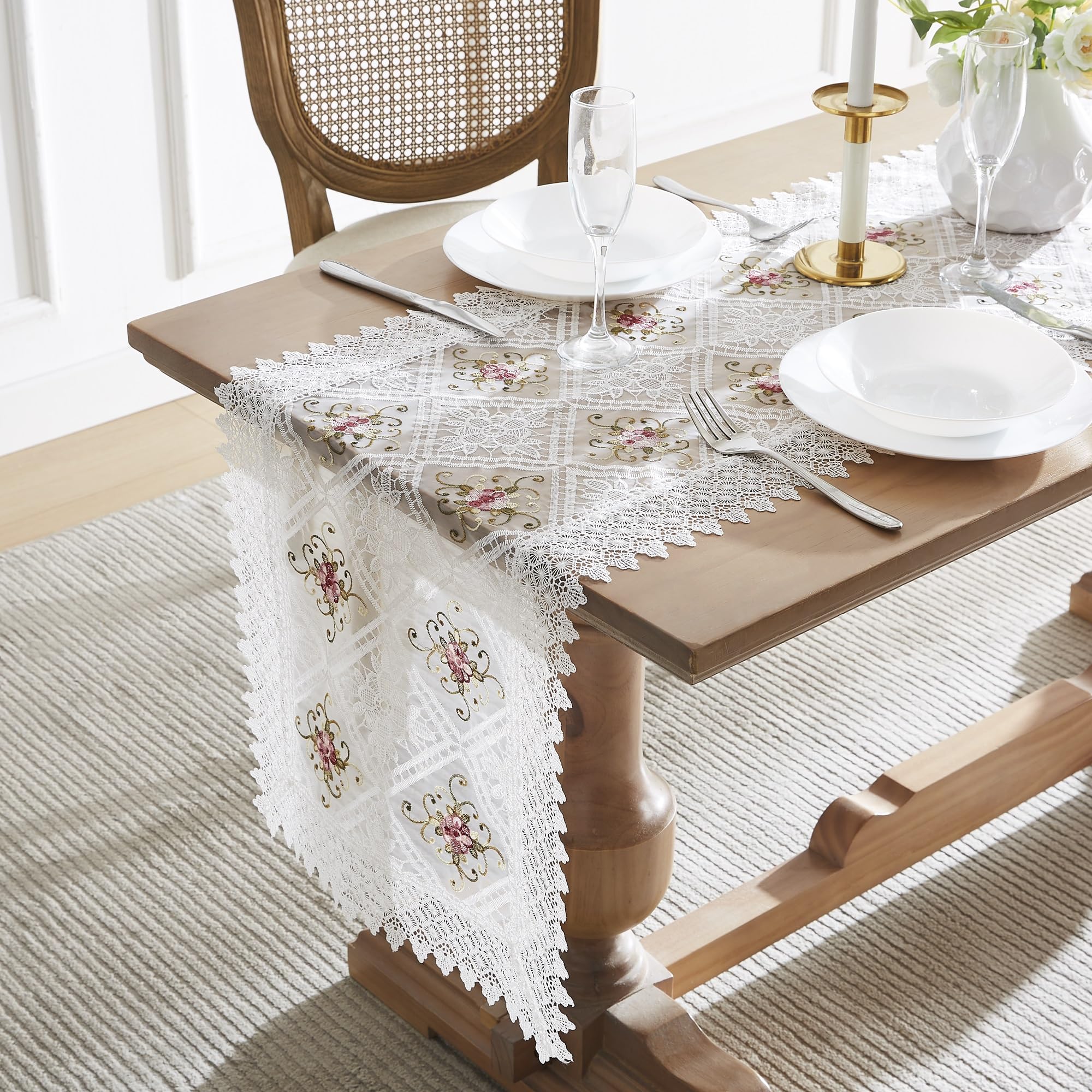 Warm Home Designs White Lace Table Runner. Embroidered with Intricate Flower Design. Can Be Used As Dresser Scarf or Dining Table Runner. VTR White 36