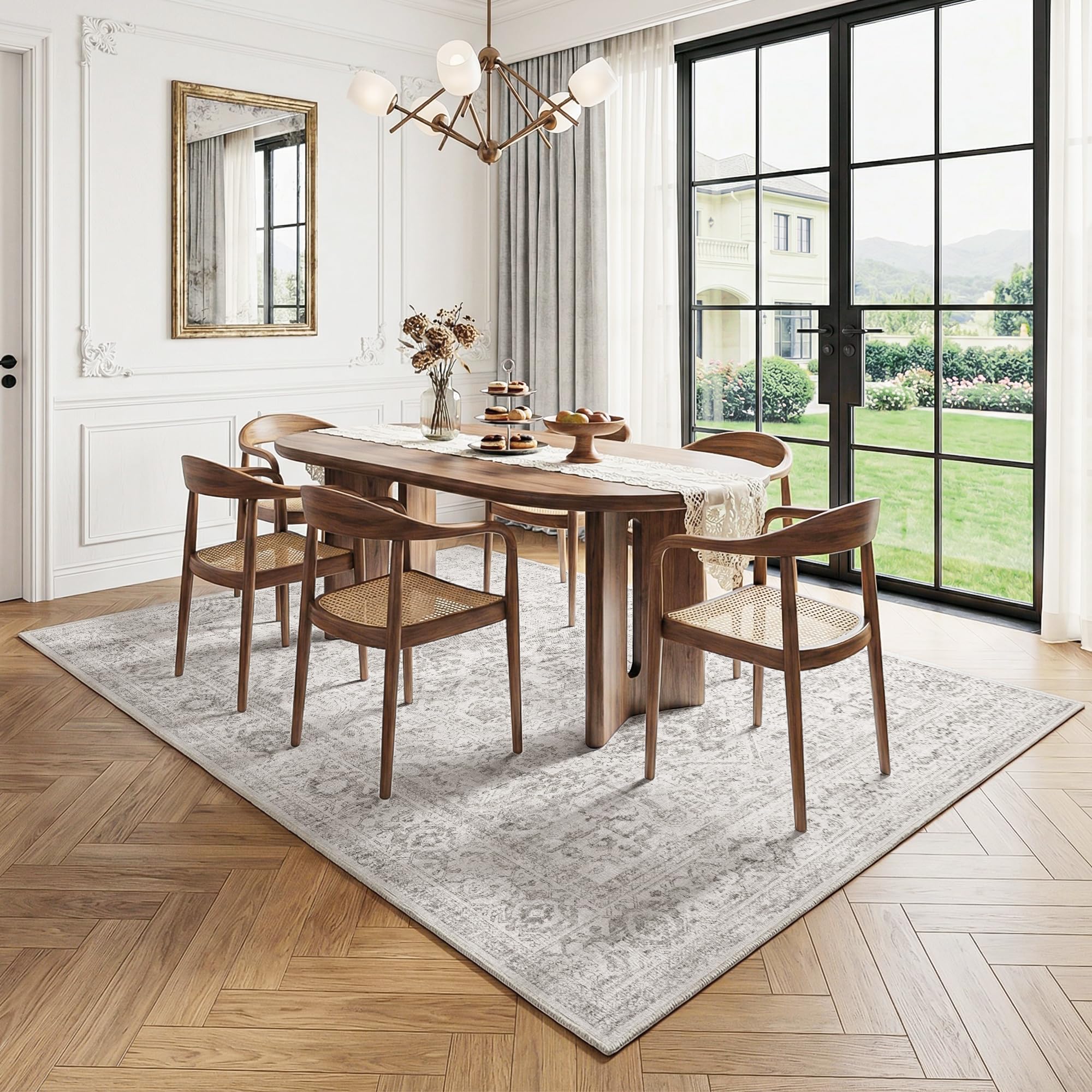 Beauoop Washable Area Rug Grey Neutral 120x170cm Vintage Non Slip Low Pile Gray Distressed Oriental Indoor Carpet for Living Room Bedroom Soft Retro Mat Thin Rug for Dining Office Entryway