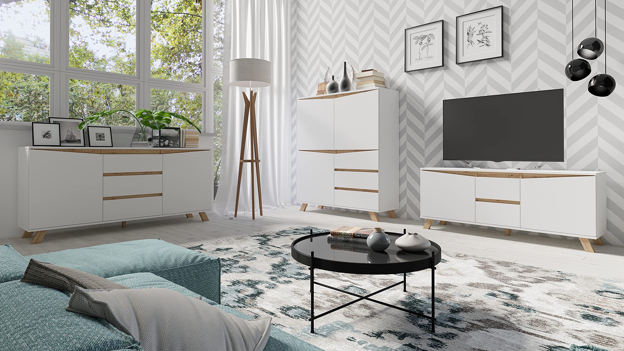 byLIVING TV-Board Valentin, Fernsehtisch mit 2 Türen und 2 Schubkästen | Lowboard matt weiß mit Absetzung in Eiche-Optik, Fernsehschrank im Scandi-Style, Grifflos, B 160, H 60, T 38 cm