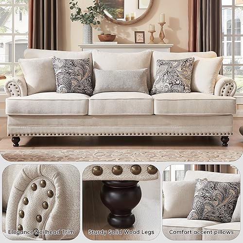 Miniatura 3 de Juego de sala de estar de 3 piezas, moderno sofá de felpilla de granja y sofá biplaza con ribete de cabeza de clavo, silla decorativa floral, 9