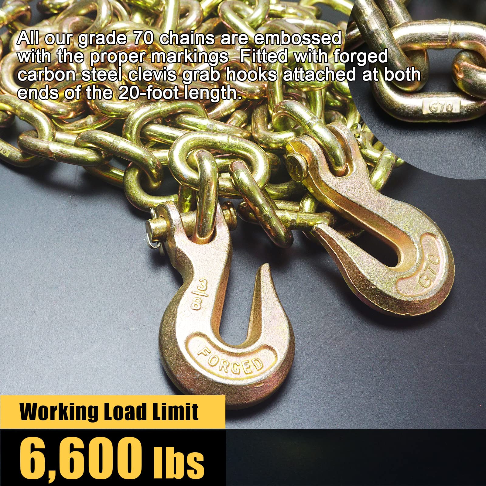 0,95-1,27 cm Ratschenkettenbinder und 0,95 cm x 2,4 m G70 Binderketten-Set, Lastbinder mit 2,4 kg WLL, Abschleppkette mit Greifhaken, zum Festbinden schwerer Lasten an einem LKW oder