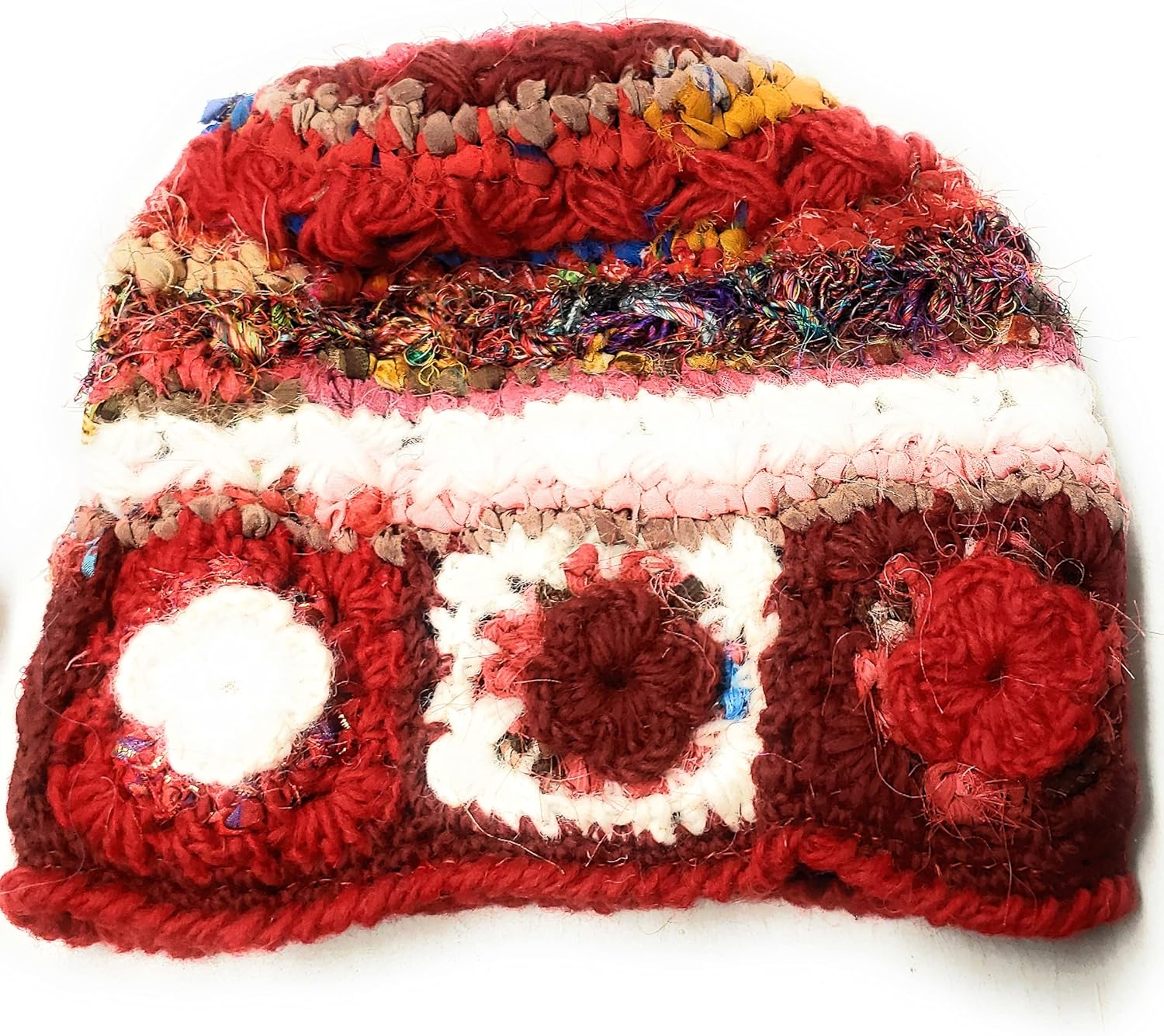 Hand Knit Wool + Recycled Silk Fibers Beanie Hat with Flower Patchwork Detail Fleece Lined Made in Nepal
