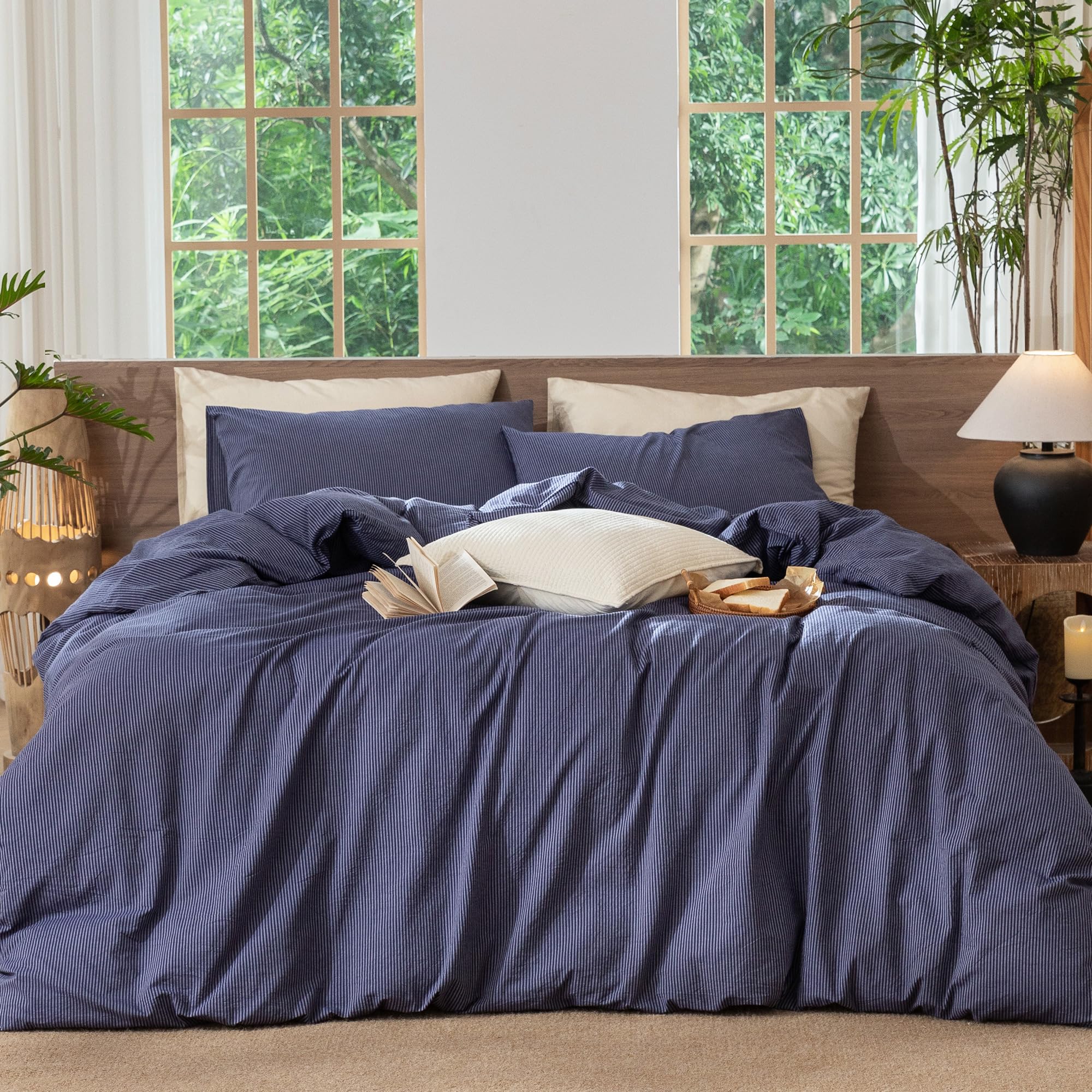 MooMee Striped Duvet Cover Set 100% Washed Cotton Linen Like Queen