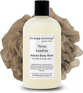 The Soap Exchange Body Wash - Texas Leather Scent - Hand Crafted 12 fl oz / 354 ml Natural Artisan Liquid Soap for Hand, Face & Body, Shower Gel, Cleanse, Moisturize, & Protect. Made in the USA.