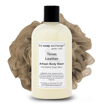 The Soap Exchange Body Wash - Texas Leather Scent - Hand Crafted 12 fl oz / 354 ml Natural Artisan Liquid Soap for Hand, Face & Body, Shower Gel, Cleanse, Moisturize, Protect. Made in the USA.