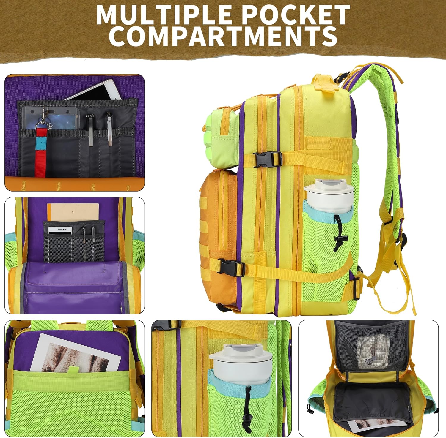 45L Tactical Military Backpack Assault Pack Dopamine Colorblock Molle 3-day Army Rucksack Men Women for Hiking Camping Climbing