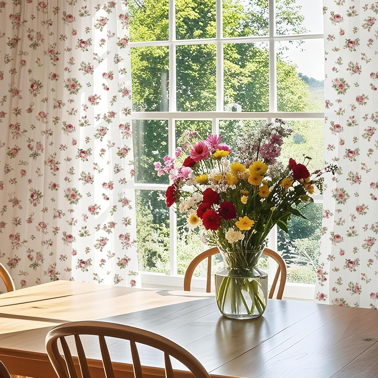 NICETOWN Vintage Pink Rose Floral Curtains for Bedroom & Living Room, Linen Blend Drapes with Shabby Chic Floral Pattern, Privacy & Light Filtering, Romantic Country Style, W52 x L84 in, 2 Panel