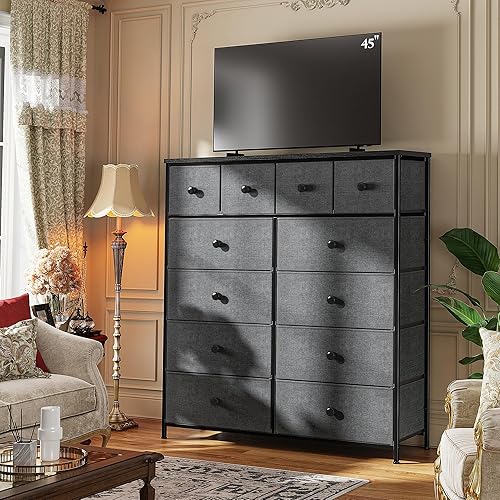 Miniatura 8 de Cómoda alta para dormitorio con 12 cajones de tela y cómodas, cómoda de dormitorio con marco de metal, parte superior de madera, armario de entrada,