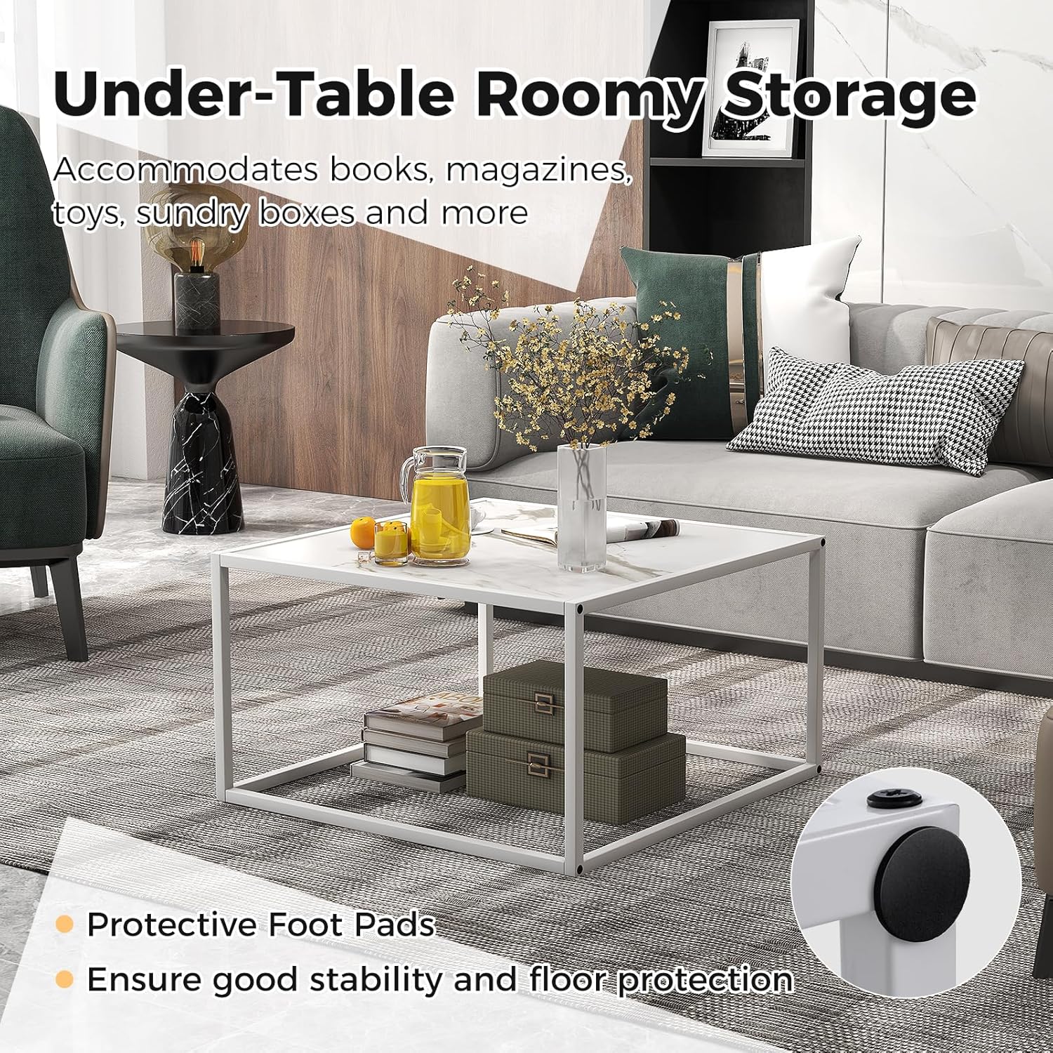 Giantex Square Coffee Table with Faux Marble Tabletop & Steel Frame, Center Cocktail Table, Accent Living Room Furniture, Low Bedside Table, Easy Assembly (White)