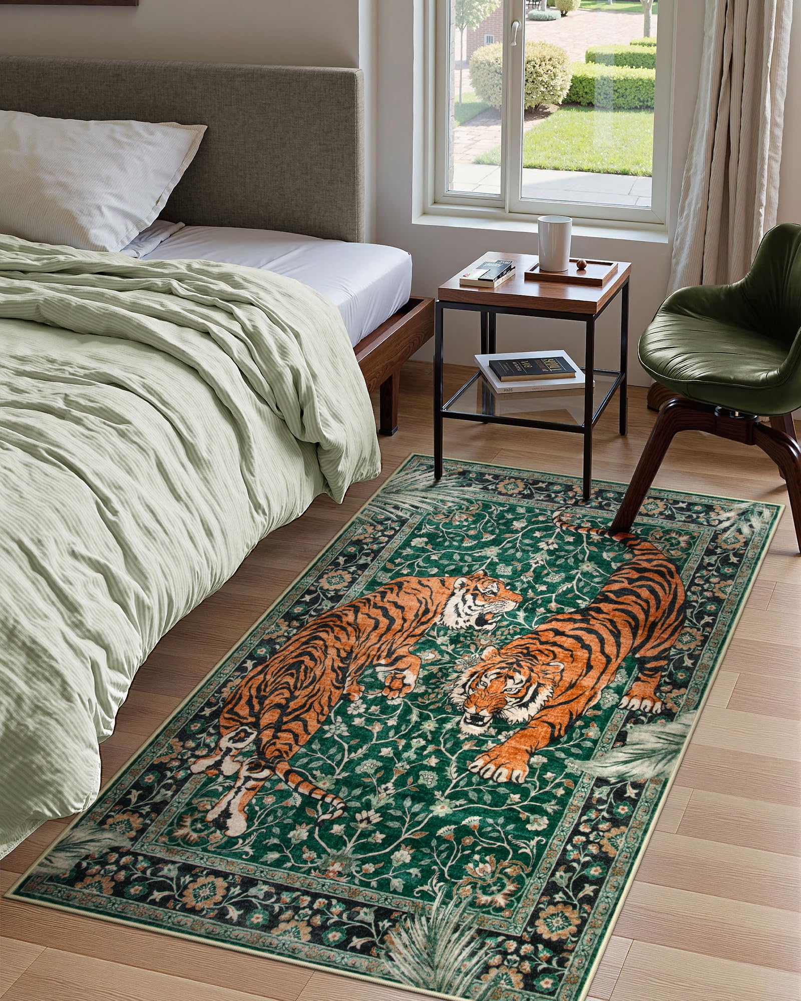 Waschbarer Vintage-Teppich Dunkelgrün, 90x150 Cm – Mit Botanik- & Tiermuster, Rutschfest, Weich Für Wohnzimmer & Schlafzimmer