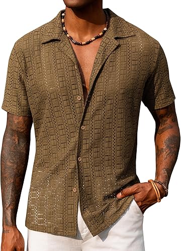 URRU Mens Floral Lace Shirt Short Sleeve Hollow Out Sheer See Through Casual But
