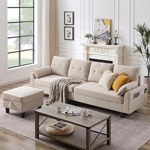102" Convertible Sectional Sofa, Modern L Shaped Couch with Storage Ottoman and Side Pockets, 4 Seater Sofa for Living Room Apartment, Beige