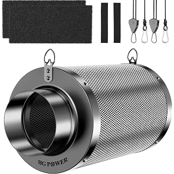 HG Power Activated Carbon Filter 100mm Length 250mm - 38mm Premium Australian Virgin Activated Carbon Odour Control for Grow Tent Hydroponics & Pipe Fan Includes 2 Pre Filters & Reversible Flange