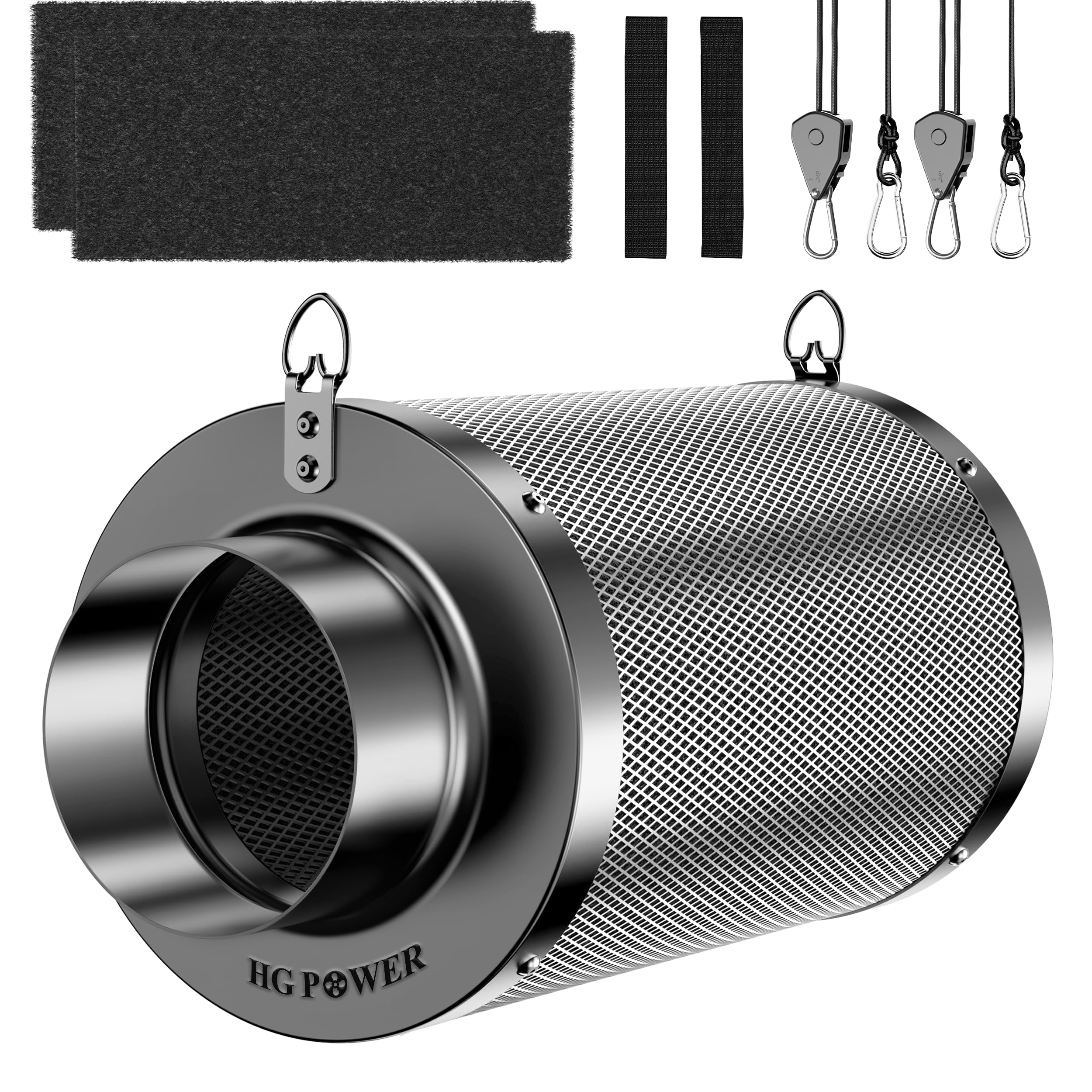 HG Power Aktivkohlefilter 100mm, Länge 250mm – 38mm Premium Australische Virgin-Aktivkohle, Geruchskontrolle für Grow-Zelt, Hydrokultur & Rohrventilator, inkl. 2 Vorfilter & Reversibler Flansch
