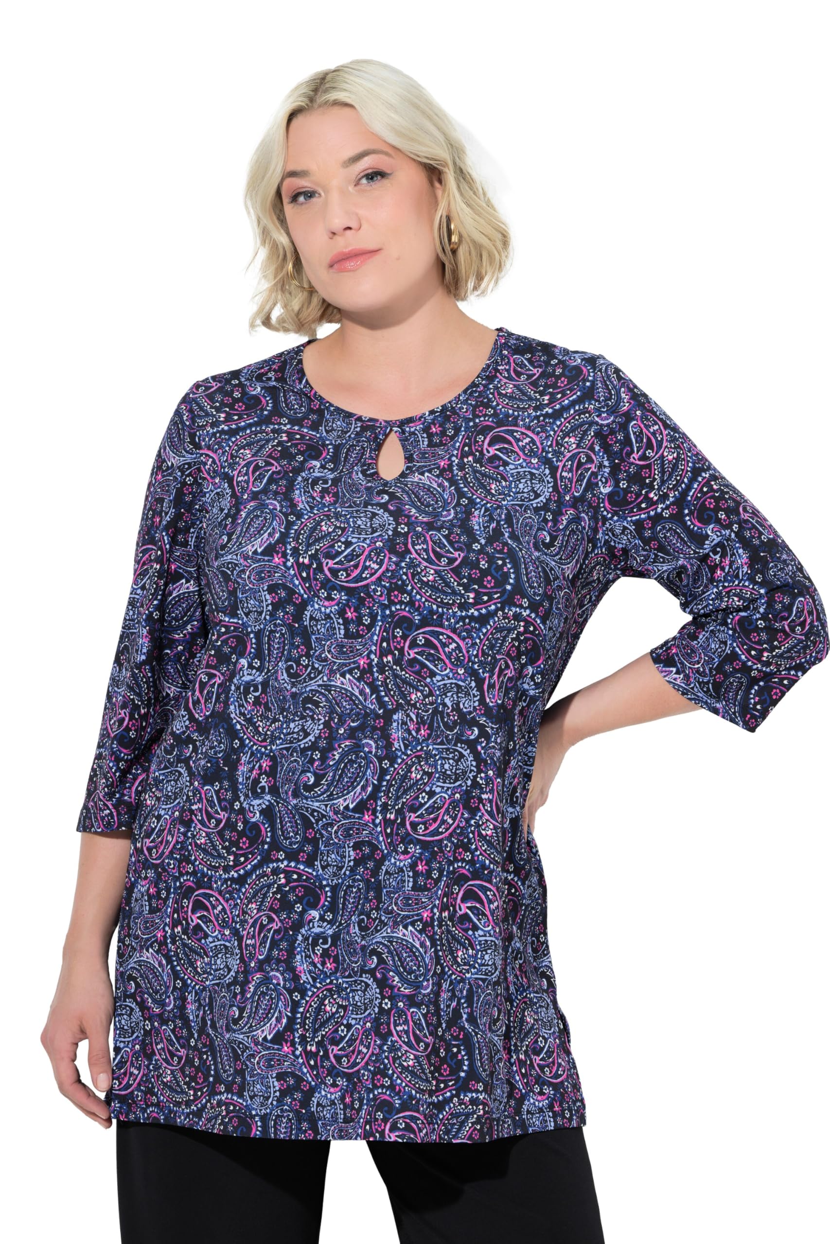 Ulla Popken Damen große Größen Übergrößen Plus Size T-Shirt, A-Linie, Keyhole, Rundhals, 3/4-Arm 842527
