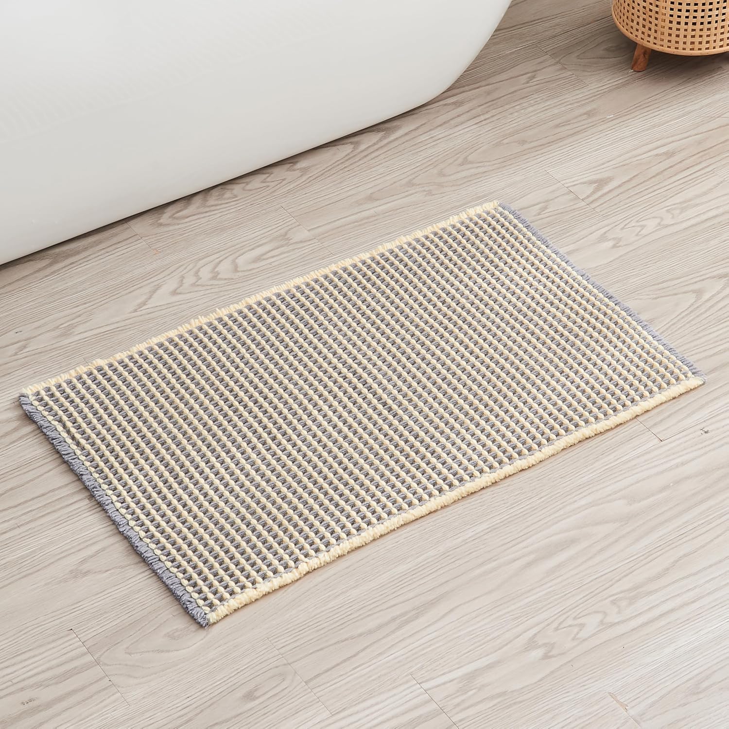 Douceur Waffle Bath mat for Bathroom Floor Non Slip, Super Soft Acrylic Blend Bath Rugs with Tassels, Quick Dry Bathroom Rugs Machine Washable, 16" x 24", Grey&Yellow - Image 3