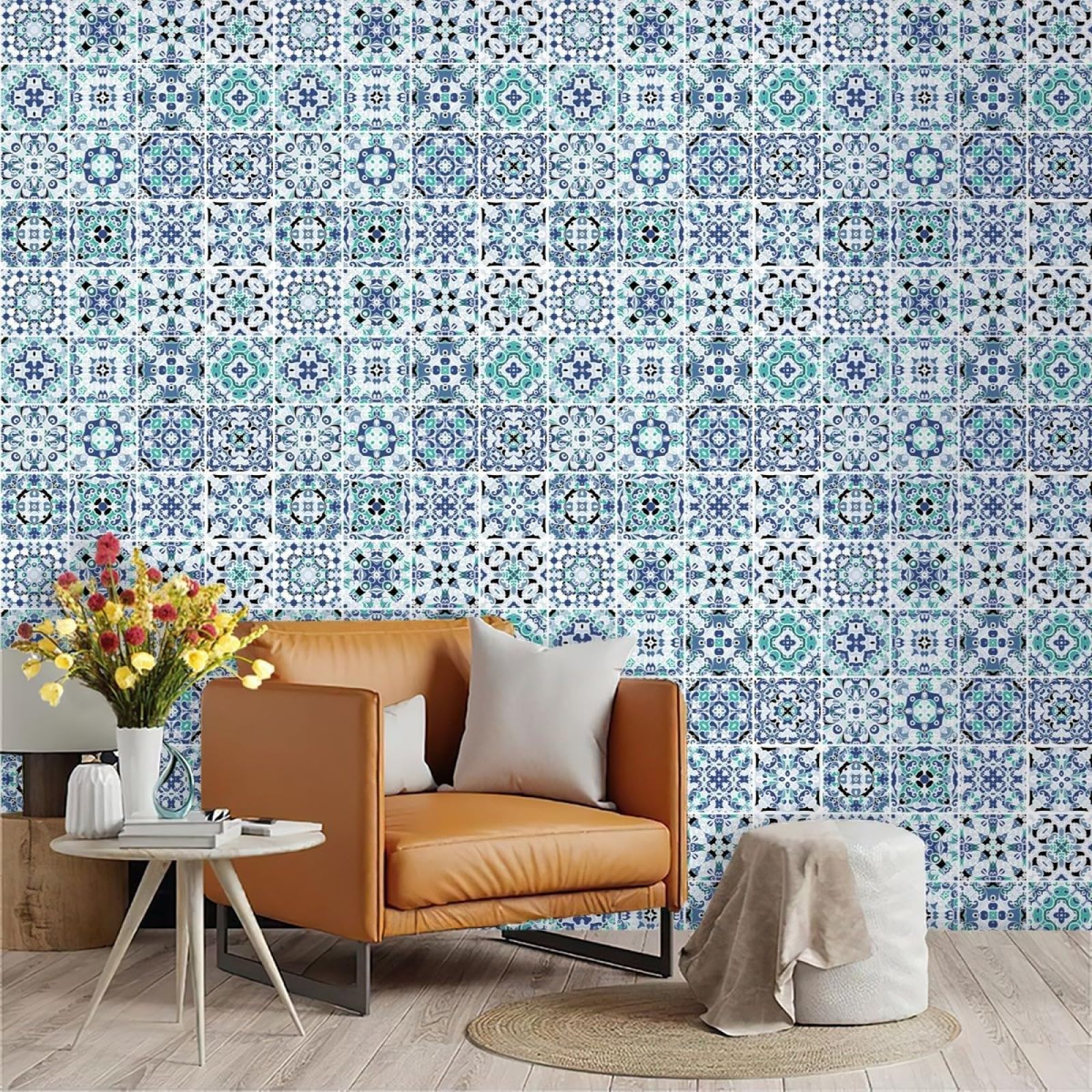 Zahhyg Blue Wallpaper Bohemia Peel And Stick Self Adhesive Wallpaper For Living Room Waterproof Vinyl, Art Deco Thicken Sticky Back Plastic Removable