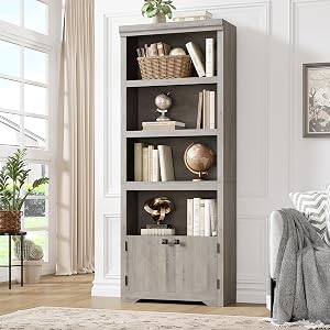 GarveeHome 5 Tier and 23.6" W Farmhouse Bookcase - 69 Inch Tall Bookshelf with 2 Doors & Adjustable Shelves - Open Display Storage Rack with Anti-Slip Design for Home Office, Balcony, Study, Grey