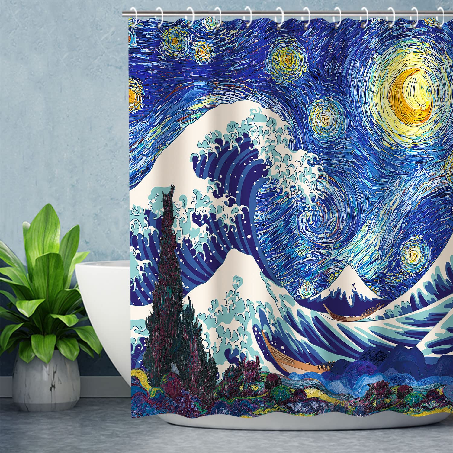 Amazon.com: RosieLily Japanese Wave Shower Curtain, Starry Night
