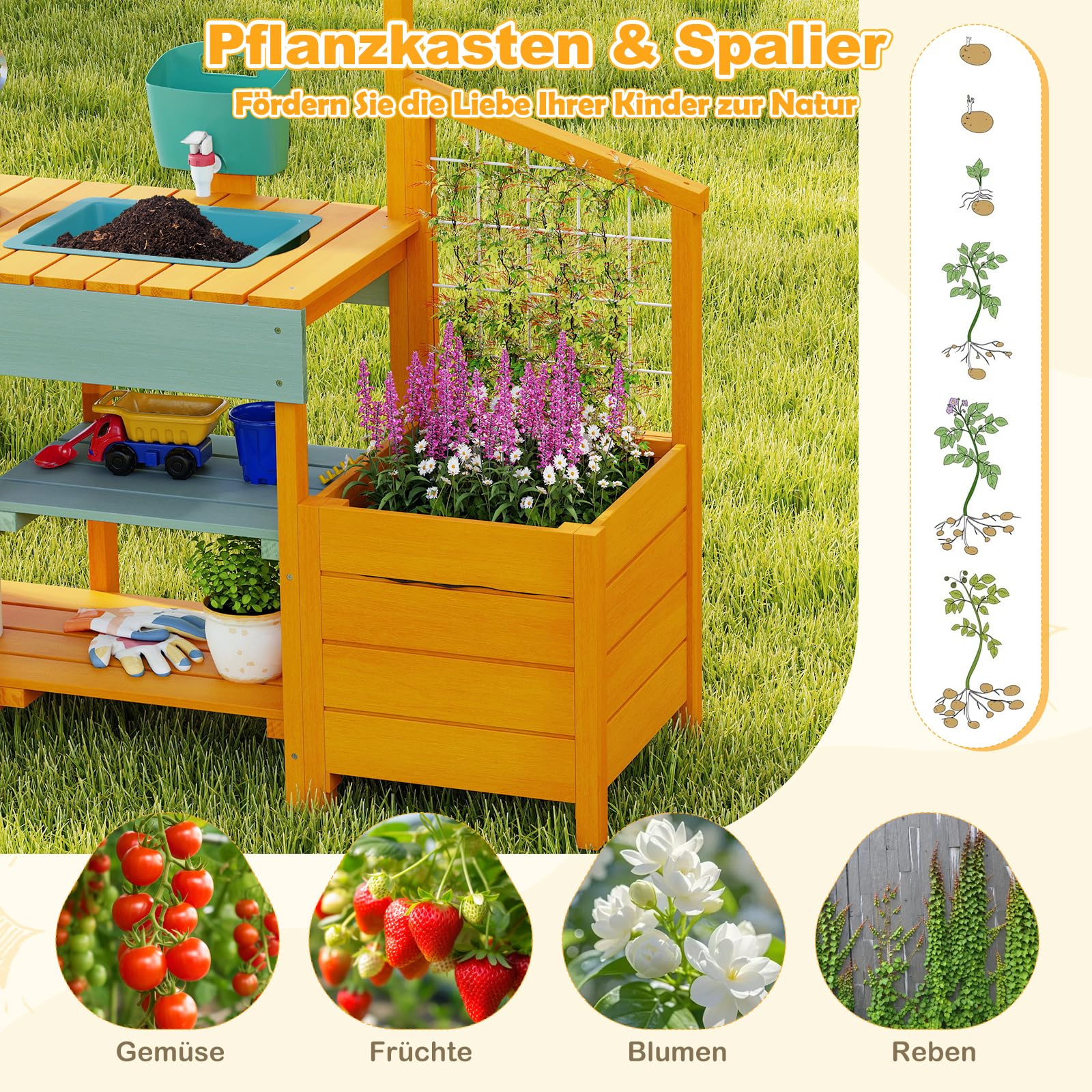COSTWAY Matschküche Kinder Outdoor, Kinderküche mit Pflanzkasten & Rankgitter, Holzküche mit Wasserfunktion, Garten Spielküche, Outdoorküche inkl. Zubehör für Kinder ab 3 Jahren (Gelb + Hellgrün)
