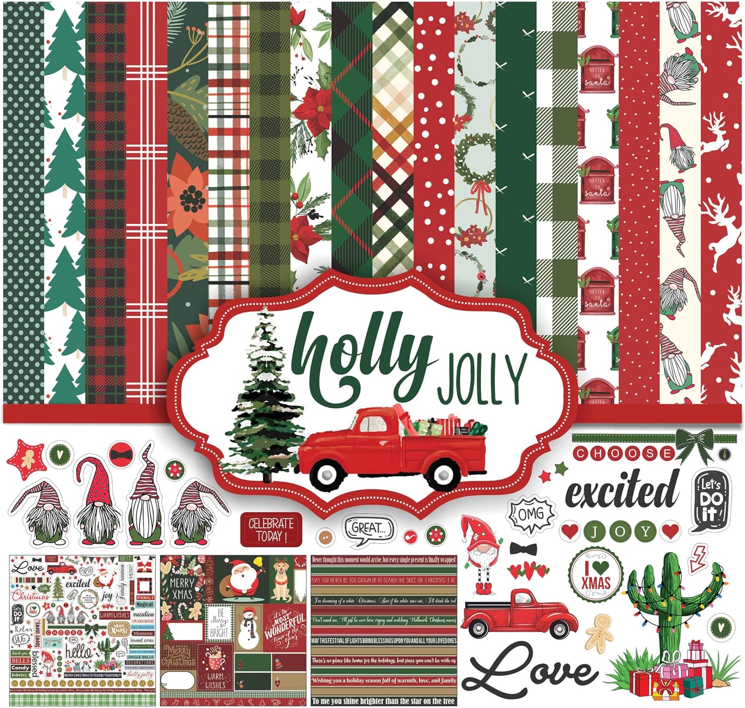 Red Green Christmas Theme Collection Double,Sided Scrapbook Paper Kit Cardstock 12"x12" Card Making Paper Pack of with Sticker Sheet - 16 Pages - Red & Green