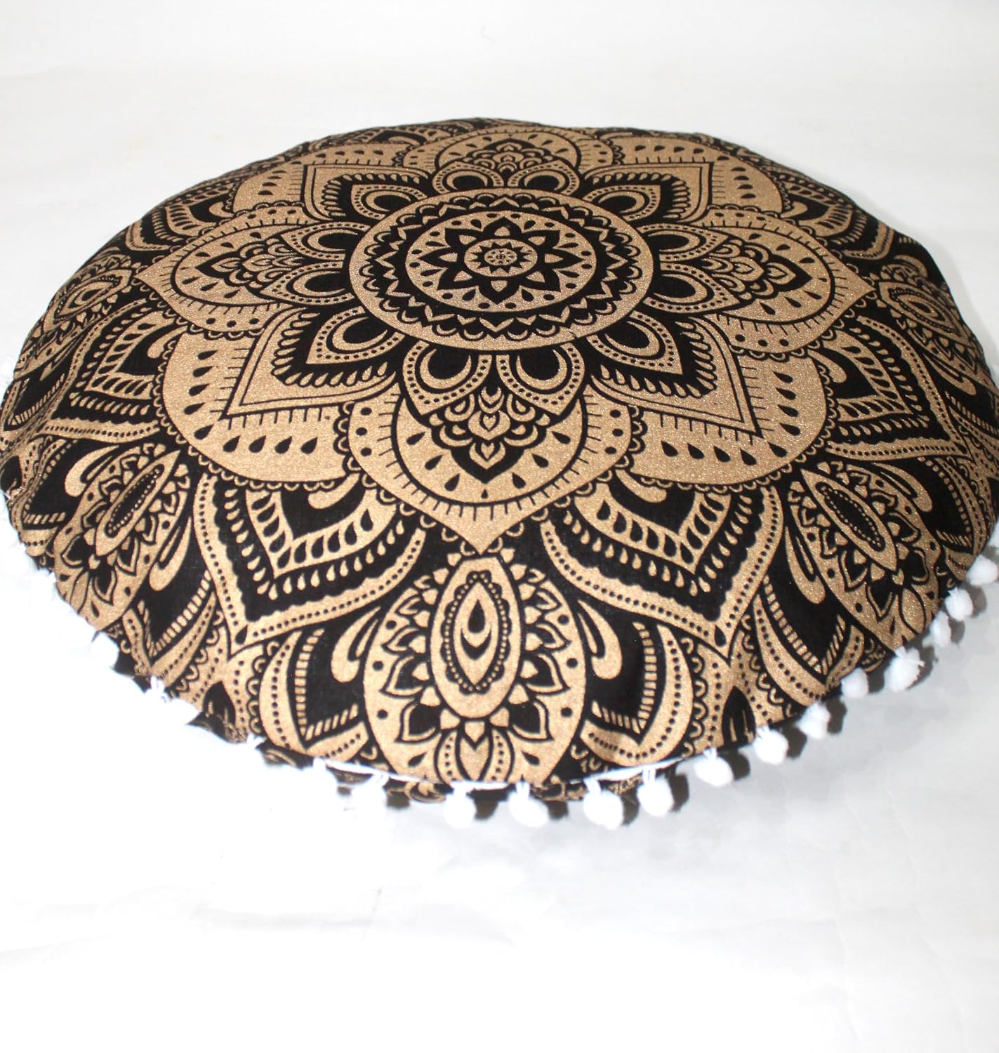32" Black Gold Mandala Barmeri Large Floor Pillow Cover Cushion Meditation Seating Ottoman Throw Cover Hippie Decorative Zipped Bohemian Pouf Ottoman Poufs, Pom Pom Pillow Cases