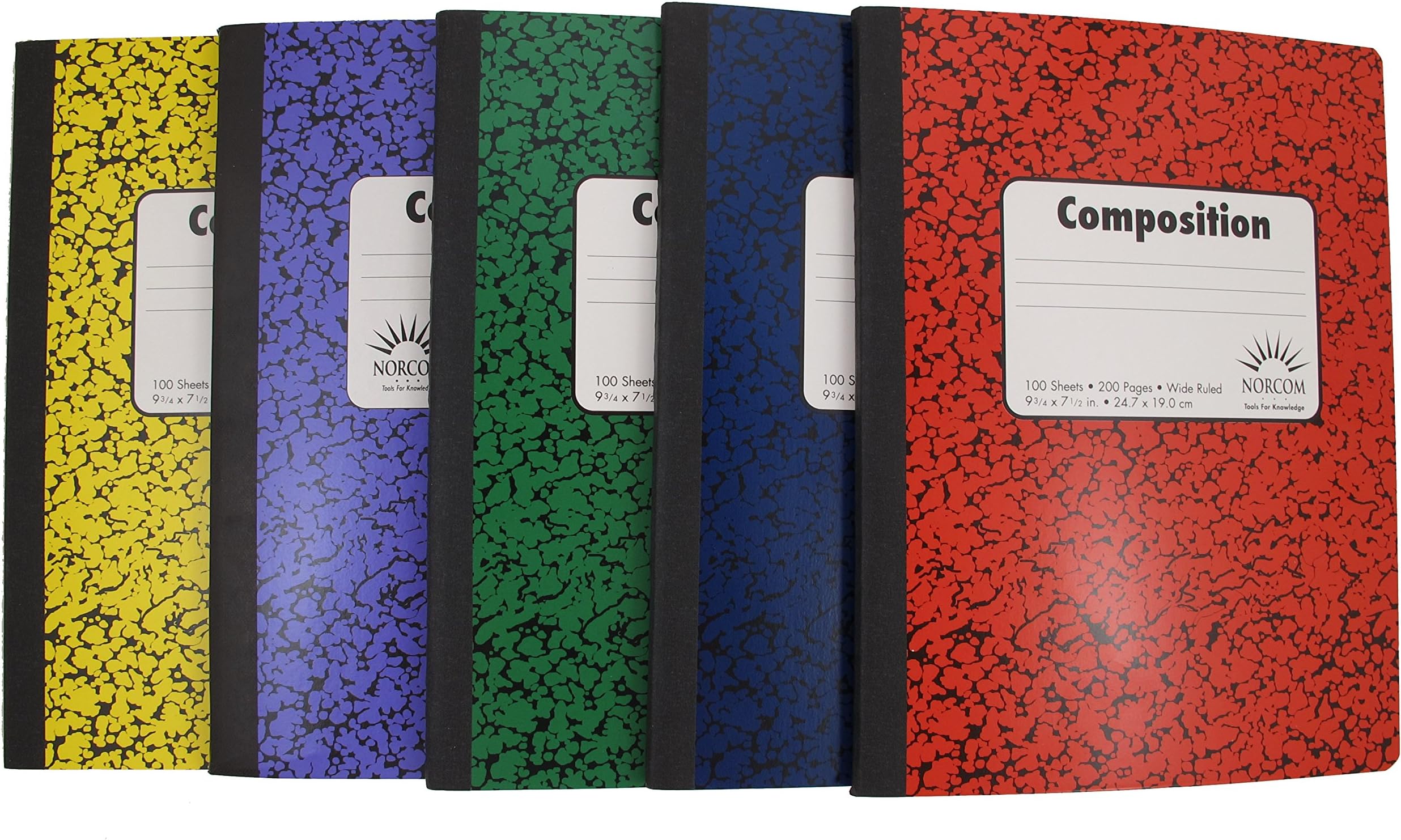 Norcom Wide Ruled 100 Sheets Composition Notebooks - Random Colors Chosen (Pack of 5)